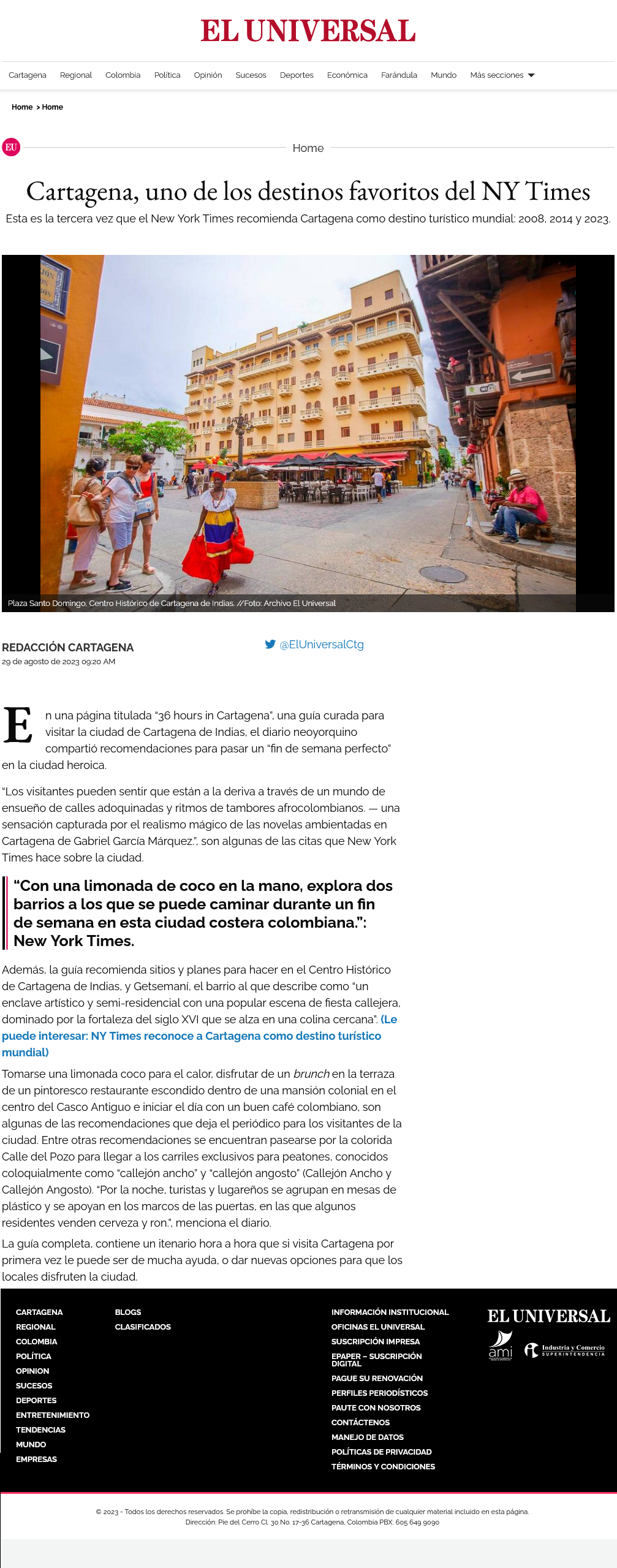 Cartagena, uno de los destinos favoritos del NY Times